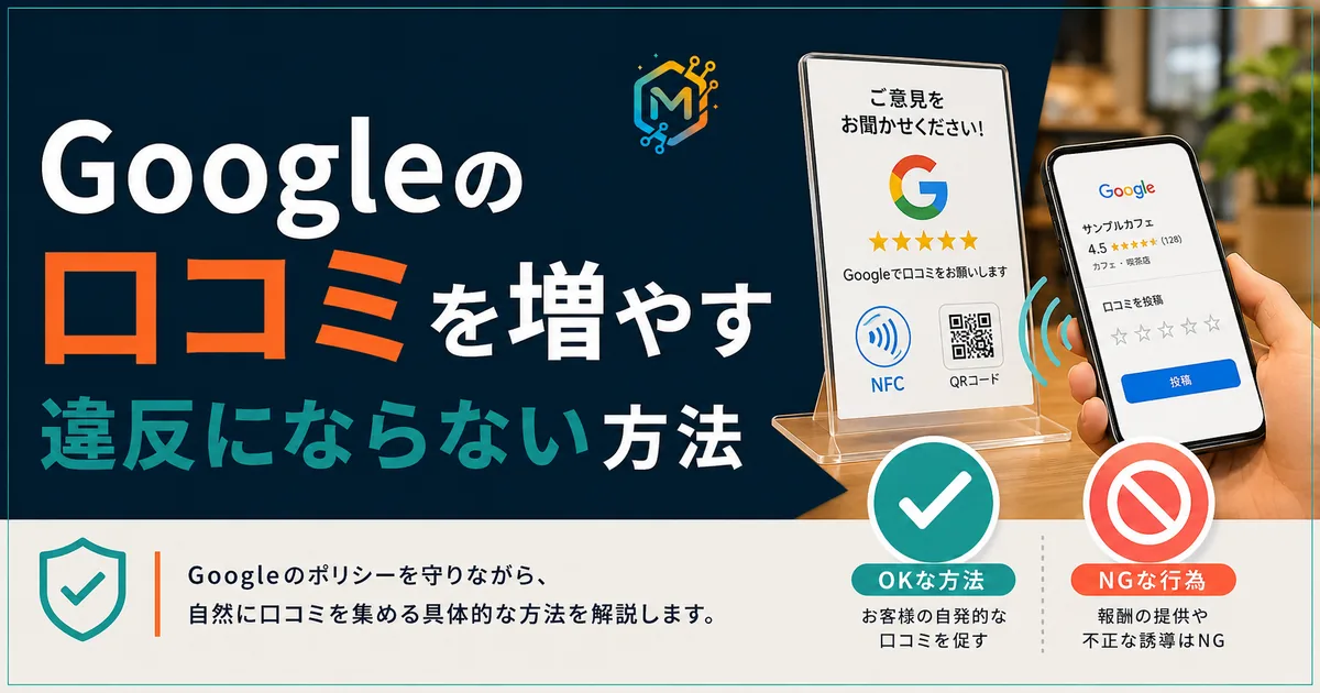 「Googleの口コミを増やす、違反にならない方法」と書かれたバナー。レジ横のNFC・QRスタンドにスマホをかざして口コミを投稿する様子と、OK/NGの対比。